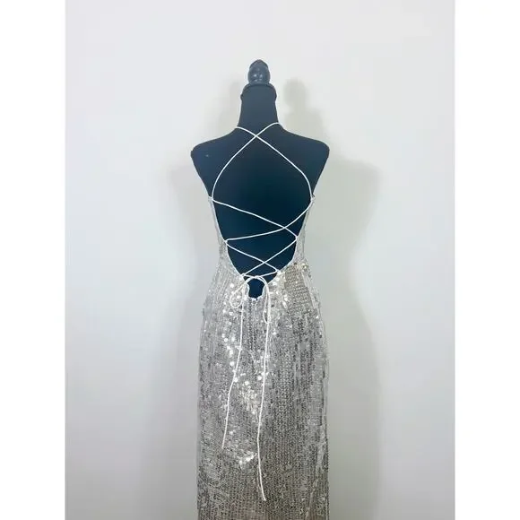 Majorelle Jovanna Maxi Dress in Silver Large Embellished Gown Sequin Cut  Out